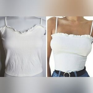 Hidden Brand Ribbed Cropped Lettuce Trim Spaghetti Strap Tank Top White Medium